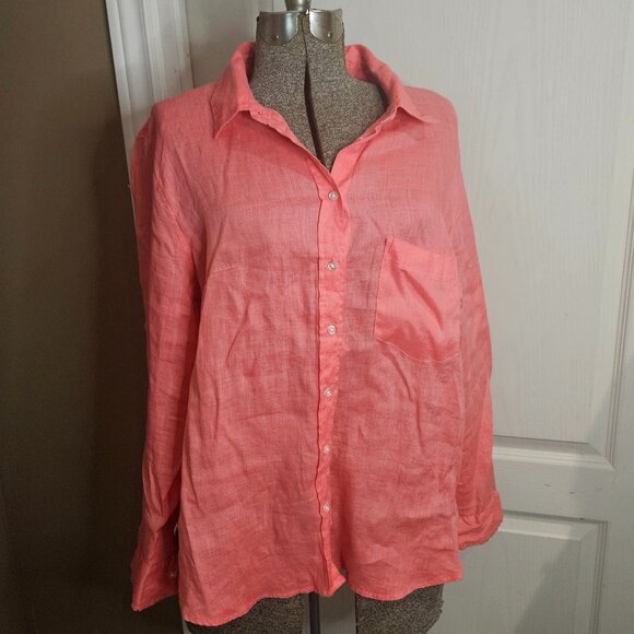 Salmon Coloured Linen Long Sleeve Shirt Large - Picture 2 of 8